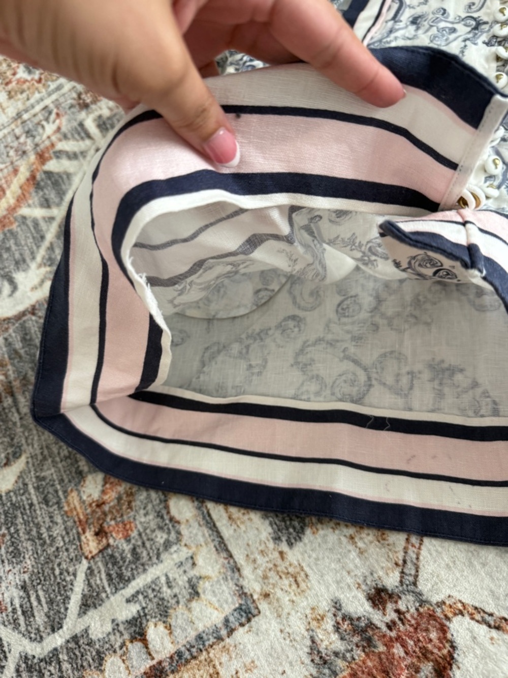 Zimmermann Cream Mini Dress with Navy Scroll Print and Striped Tie-Neck - Picture 6 of 11
